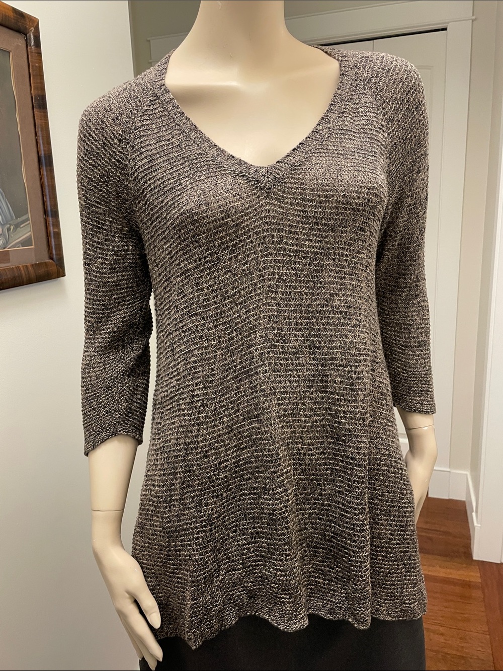 Eileen Fisher Brown V-Neck Textured 100% Linen Knit Tunic